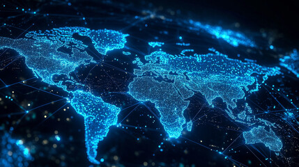 Poster - Polygonal map. Digital globe map, blue polygons earth maps and world internet connection 3d grid. Global earth map, geography mapping futuristic atlas vector concept illustration
