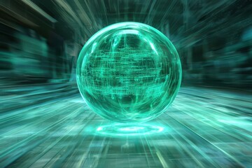 Poster - Glowing Green Energy Sphere in Abstract Sci-Fi Digital Environment