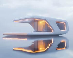 Poster - Modern Futuristic House Design with Reflections on Water Surface