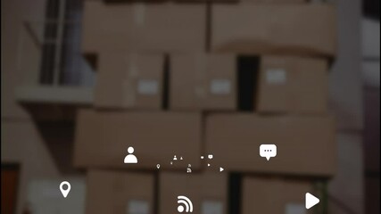 Poster - Stacked cardboard boxes with animation of social media icons in foreground