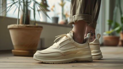 Aufkleber - Casual footwear in a light hue is worn by a person indoors. The setting features natural light filtering through windows and various indoor plants, creating a relaxed atmosphere.