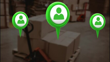 Poster - Animation of green user icons floating in warehouse with stacked boxes
