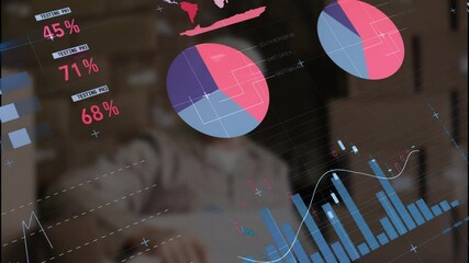 Poster - Creating animation of pie charts and graphs, person working in office with laptop
