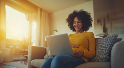 Aufkleber - A woman in a cozy yellow sweater sits on a couch at home, engaged with a laptop. Her pregnancy glow radiates as sunlight streams through the window, creating a warm atmosphere.