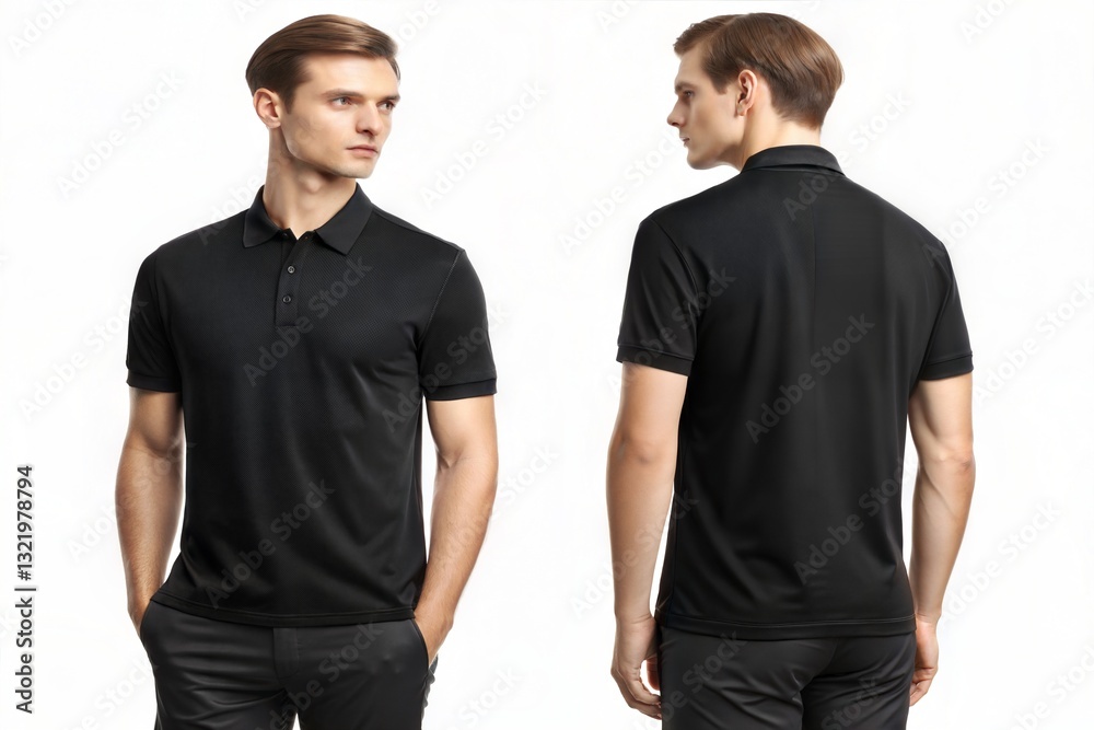 Men in blank black polo shirt, front and back view, isolated on white ...