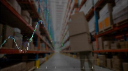 Poster - Carrying boxes in warehouse, person with stock market graphs overlaying animation