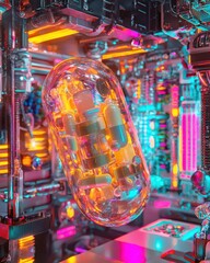 Poster - Futuristic capsule surrounded by vibrant neon lights and technology