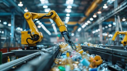 Aufkleber - A robotic arm moves efficiently to sort plastic bottles and other recyclables, on a conveyor belt inside a busy industrial facility under bright lighting conditions.