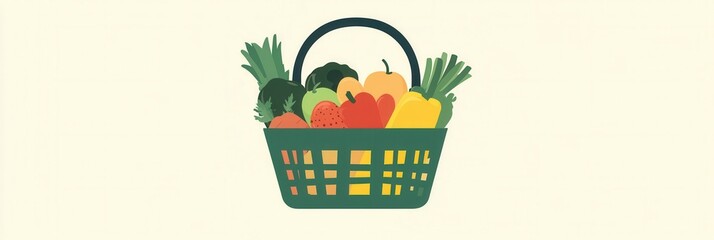 Aufkleber - Minimalistic illustration of a green shopping basket filled with fresh fruits and vegetables set against a pastel background