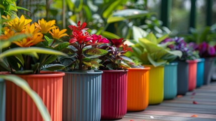 Poster - Brightly colored pots filled with various flowering plants line a wooden deck, illuminated by warm sunlight, creating a cheerful and inviting atmosphere in the garden.
