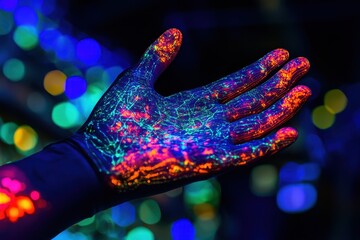 Poster - Vibrant hand illuminated with neon colors in a dark setting