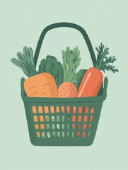 Aufkleber - Minimalistic green shopping basket overflowing with fresh fruits and vegetables against a soft pastel background