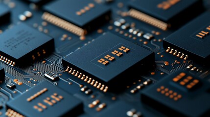 Poster - Close-up of dark microchips on circuit board