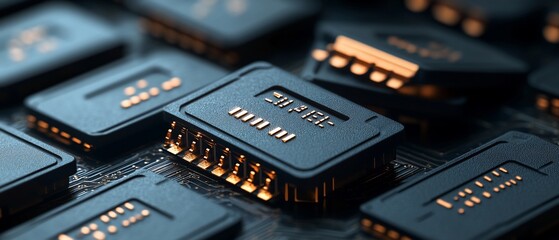 Poster - Close-up of numerous dark microchips with gold connectors on a circuit board