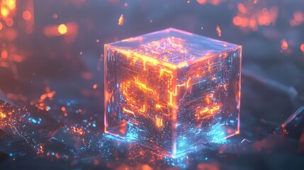 Poster - Futuristic Glowing Cube with Digital Patterns and Neon Lights