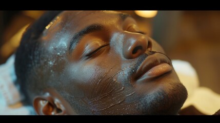 Poster - A man enjoys a calming facial treatment at a spa, reclining with closed eyes while a soothing mask is applied to his skin in a warm and inviting setting.