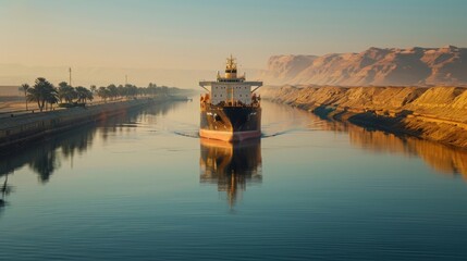 Aufkleber - A large cargo ship moves smoothly through a calm canal during sunrise. The still water reflects the vibrant colors of dawn and the surrounding desert mountains add a majestic backdrop.