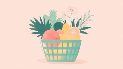 Aufkleber - Fresh fruits and vegetables in a green shopping basket against a pastel background showcasing minimalistic design
