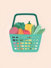 Poster - Fresh fruits and vegetables in a green shopping basket on a soft pastel background showcasing healthy eating lifestyle choices