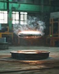 Poster - Futuristic Floating Object in Industrial Warehouse Environment