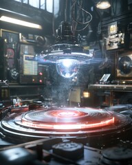 Poster - Futuristic technology environment with glowing sphere and machinery