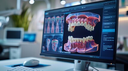 Fototapete - A detailed examination of dental structures displayed on a sleek computer monitor in a contemporary dental clinic, featuring 3D models of teeth and jaw alignment for analysis.