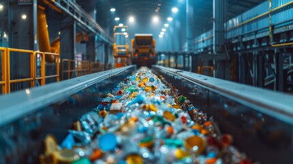 Aufkleber - Conveyor belt transports mixed plastic waste through a recycling facility, illuminated by overhead lights, showcasing the importance of waste management and recycling practices.