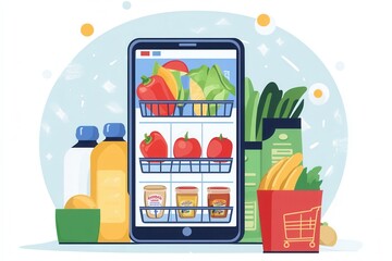 Fototapete - Stylized online grocery order summary displayed on a digital screen with fresh produce in a modern flat design aesthetic