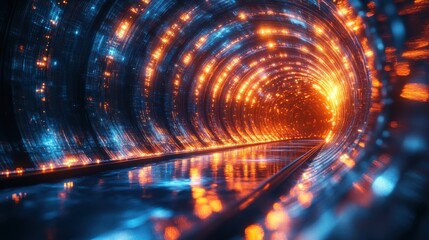 Poster - Vibrant exploration through an abstract glowing tunnel inspiring wonder and curiosity, featuring intertwined lights and reflections