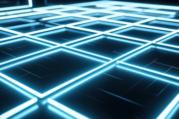 Poster - Futuristic Neon Grid Floor Design with Glowing Blue Lights