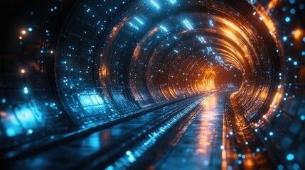 Fototapete - Experience the mesmerizing journey through a radiant tunnel filled with luminous reflections and vibrant colors, inviting exploration and wonder