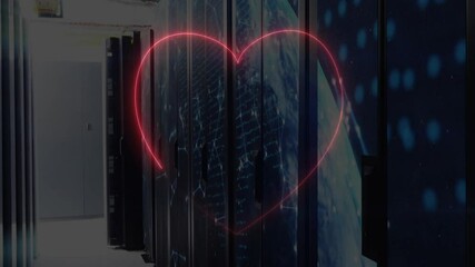 Poster - Neon heart animation over rows of servers in data center