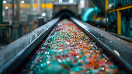 Aufkleber - Colorful granules made from recycled plastic are seen moving along a conveyor belt in a recycling facility. The vibrant colors showcase the diversity of materials being processed.