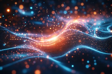 Aufkleber - Vibrant digital landscape illustrating the complexities of tech processes, neural networks, and artificial intelligence in a mesmerizing flow of blue and orange lights