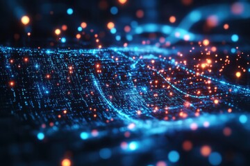 Poster - Digital landscape illustrating the integration of neural networks and artificial intelligence amid vibrant data flows in a high-tech environment