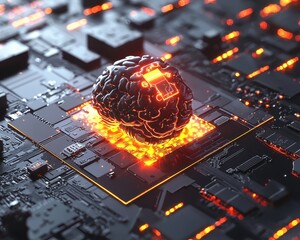 Poster - Futuristic Brain Design on Circuit Board with Neon Glow Effects