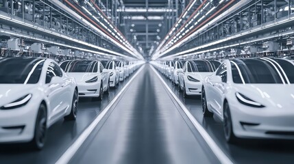 Poster - Futuristic Production Line with Electric Vehicles in a Factory Setting