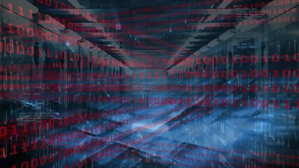 Poster - Binary code animation over futuristic data center with glowing servers