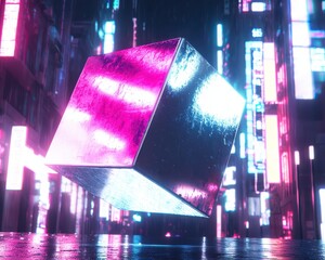 Poster - Futuristic Neon Cube in Cyberpunk Cityscape with Rain Effects