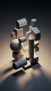 Abstract 3D rendering of gray geometric shapes, cubes, cylinders, and sphere, creating a modern and minimalist composition, showcasing a product display or abstract art concept