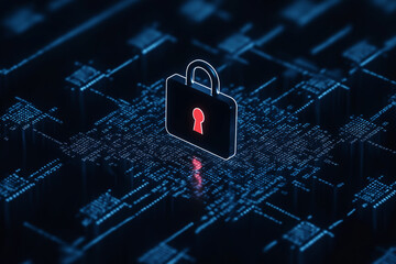 Poster - digital fortress: a stylized padlock icon, symbolic of security and data protection, hovers over a c