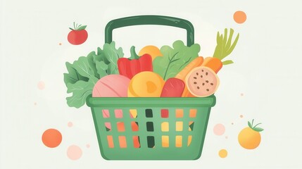 Poster - Fresh fruits and vegetables in a green shopping basket on a soft pastel background