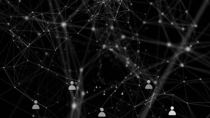 Poster - network of connections and data processing animation over abstract human icons