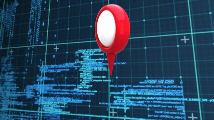 Poster - Animation of red location pin hovering over digital grid with blue coding data