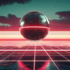 Poster - Futuristic Neon Sphere on Grid Landscape with Dramatic Clouds