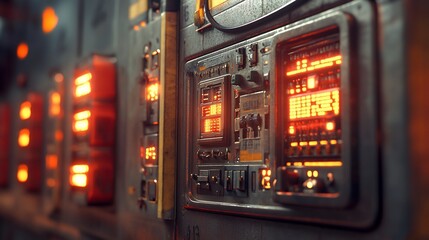 Futuristic control panel with glowing orange displays and weathered metal casing