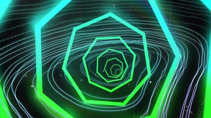 Poster - forming tunnel, neon green geometric shapes with glowing lines over dark background