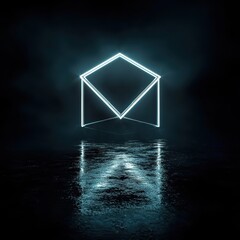 Poster - Abstract Neon Envelope Icon with Reflective Surface in Dark Space