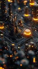 Poster - Futuristic Cityscape with Neon Lights and Network Connections