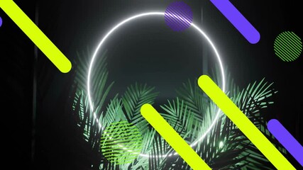 Poster - animation with neon circle, palm leaves, vibrant geometric shapes in school design
